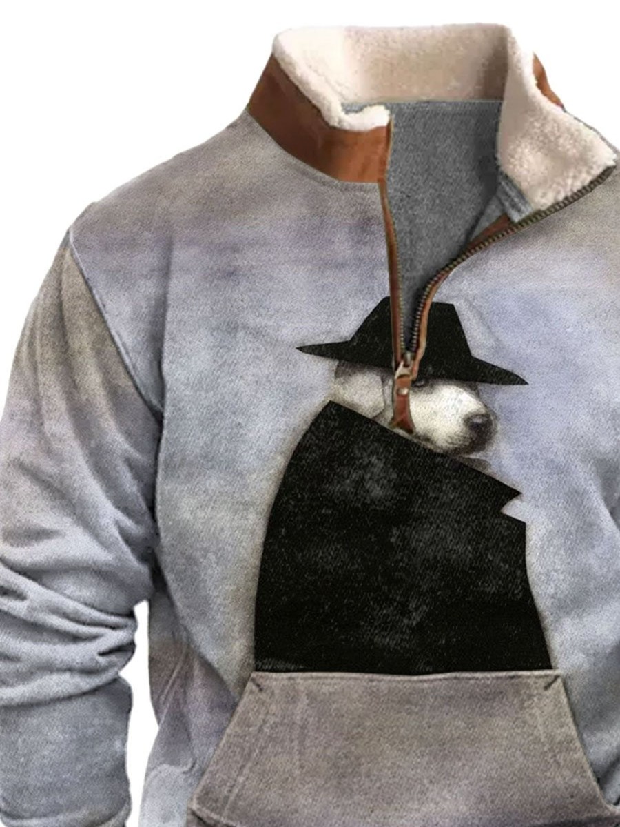 Men BXL T-Shirts | Men'S Casual Cold Protection Art Print Fur Collar Zipper Sweatshirt Gray