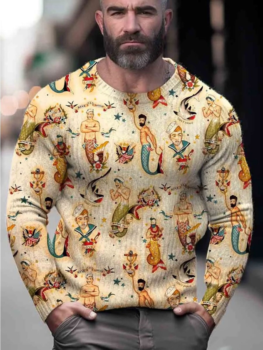 Men BXL Print Sweater | Mermaid Lgbt Print Knit Pullover Sweater Photo Color