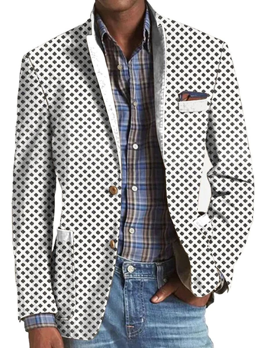 Men QMY Print Jacket | Vintage Polka Dot Print Lapel Blazer Photo Color