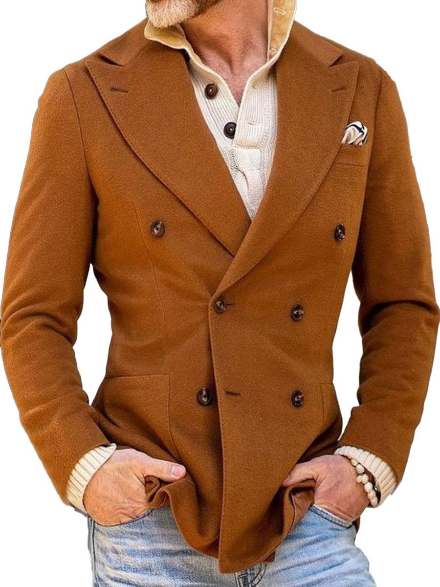 Men DJ Jacket | Vintage Lapel 3 Pockets Double Breasted Casual Woolen Blazer Brown