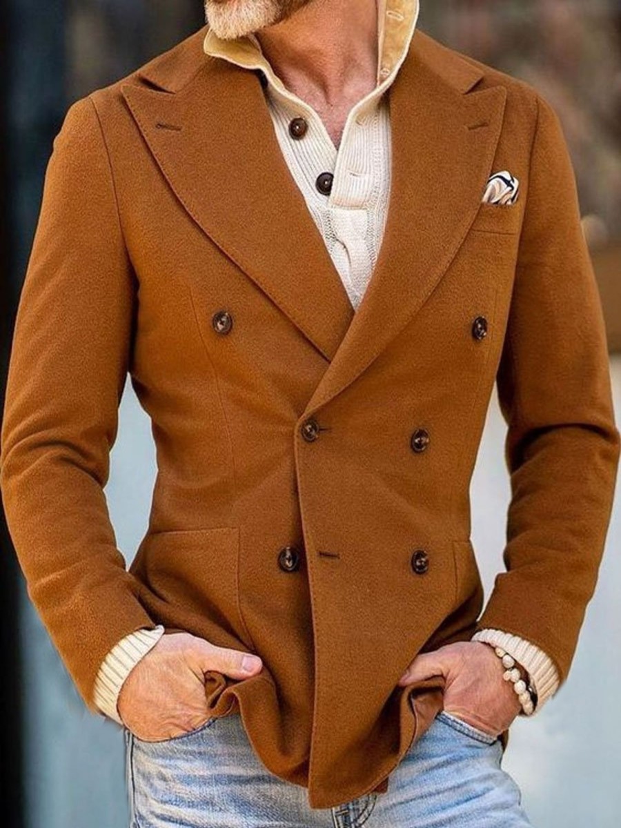 Men DJ Jacket | Vintage Lapel 3 Pockets Double Breasted Casual Woolen Blazer Brown