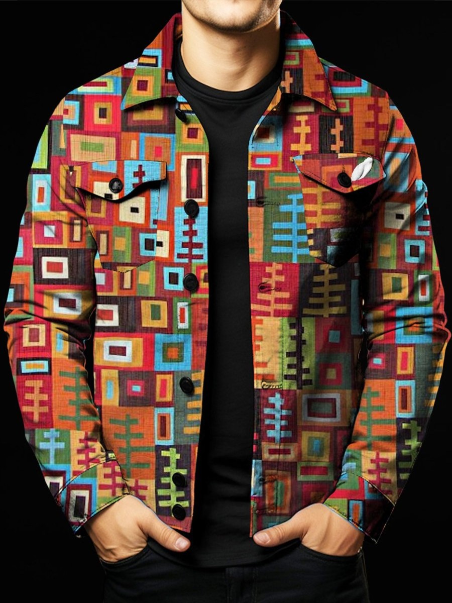 Men DJ Jacket | Vintage Ethnic Geometric Print Double Pocket Single Breasted Jacket Photo Color