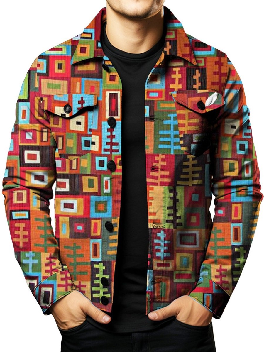 Men DJ Jacket | Vintage Ethnic Geometric Print Double Pocket Single Breasted Jacket Photo Color