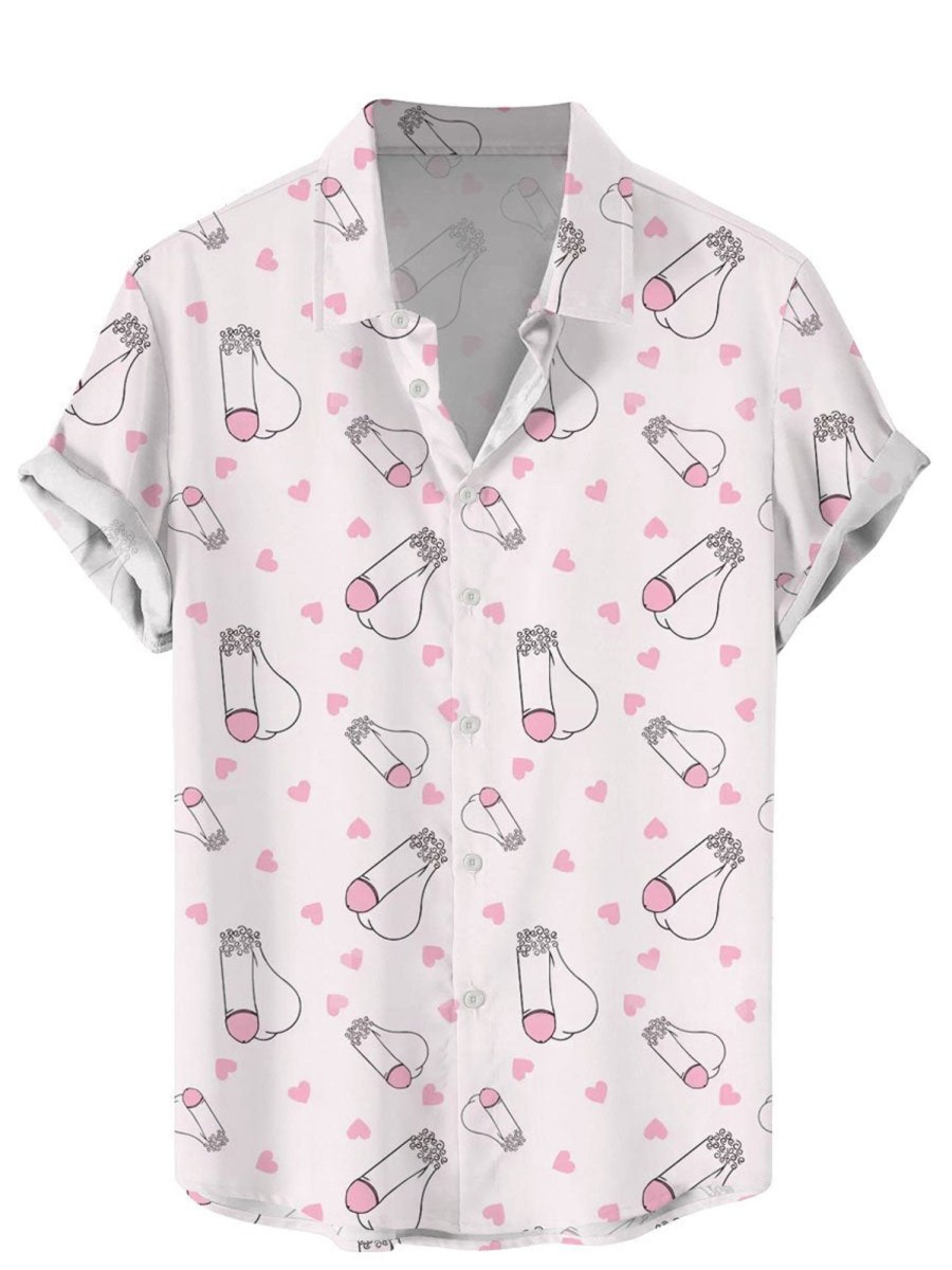 Men DJ Shirts | Fun Valentine'S Day Cocks Toy Print Casual Short Sleeve Shirt Pink