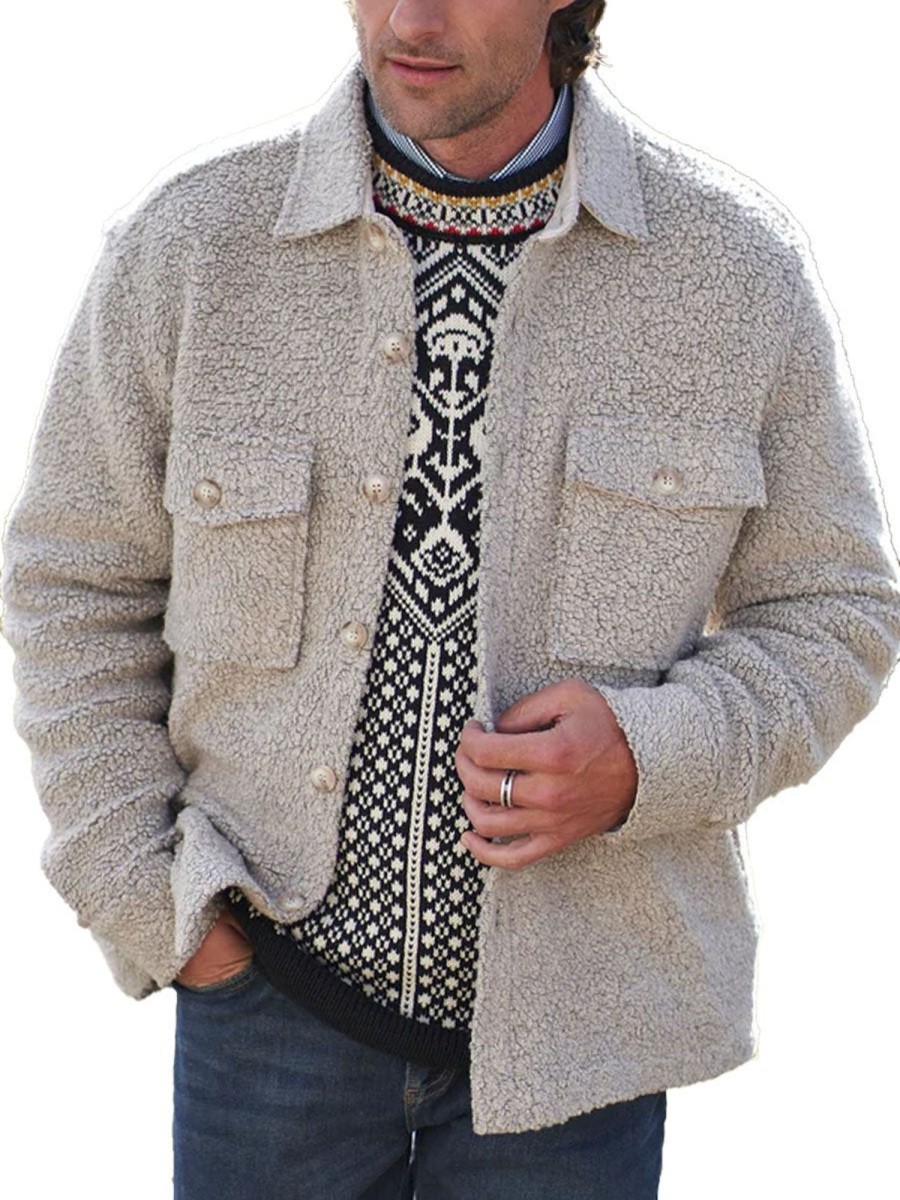 Men DJ Jacket | Sherpa Lapel Double Pocket Casual Warm Jacket Beige