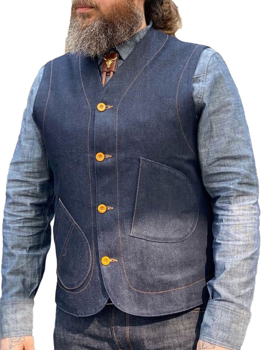 Men BXL Vest | Men'S Contrasting Horizontal Seam Denim Pocket Casual Vest Dark Blue