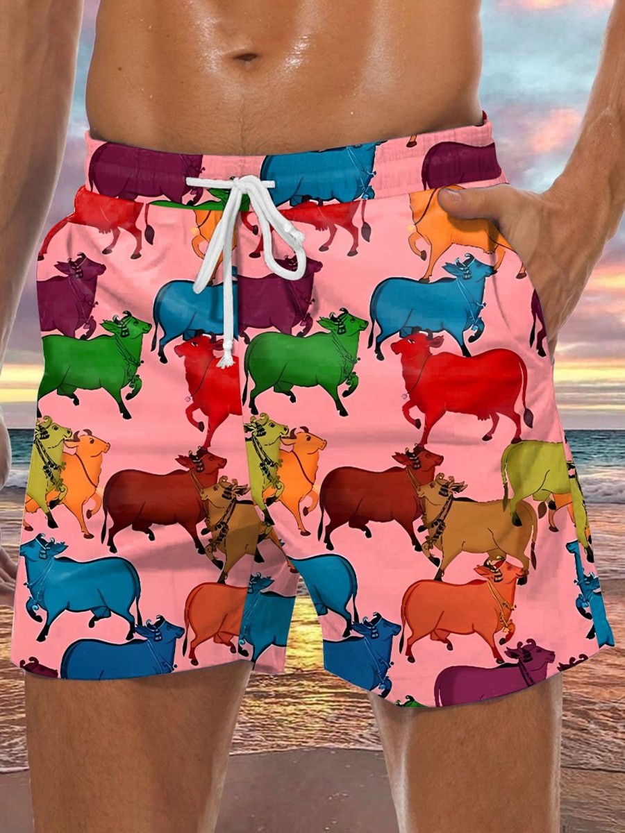 Men GYJ Bottoms | Multicolored Cow Print Lounge Shorts Pink