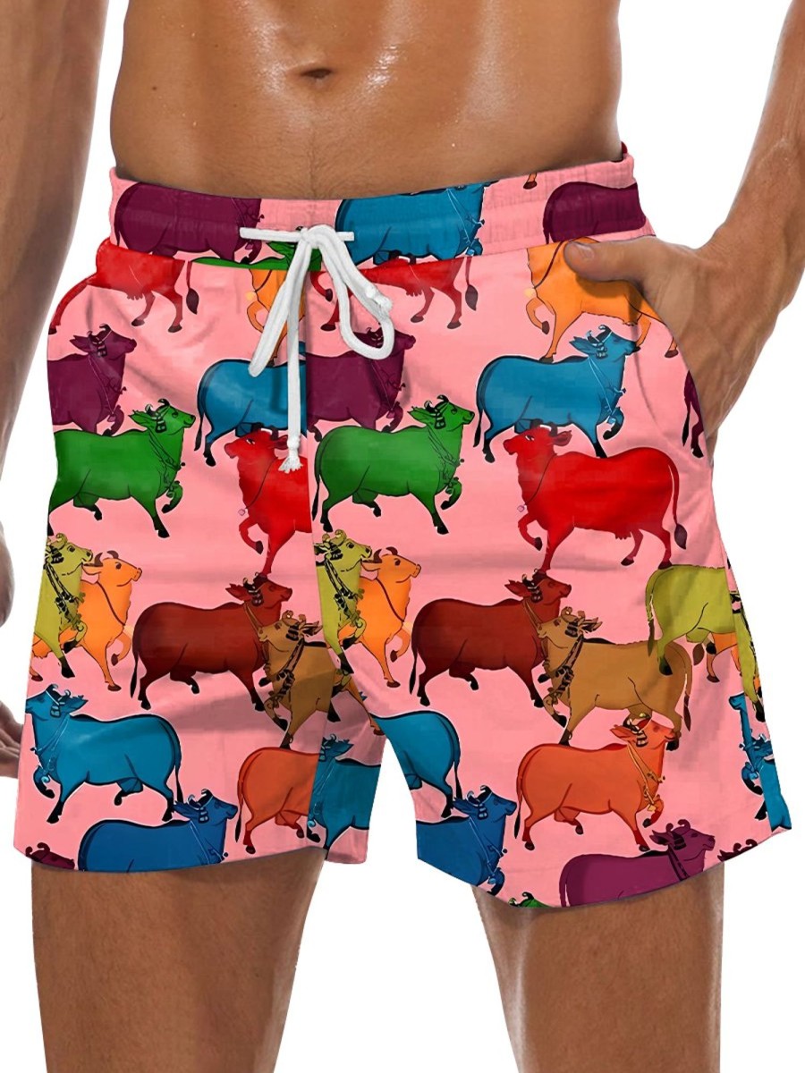 Men GYJ Bottoms | Multicolored Cow Print Lounge Shorts Pink