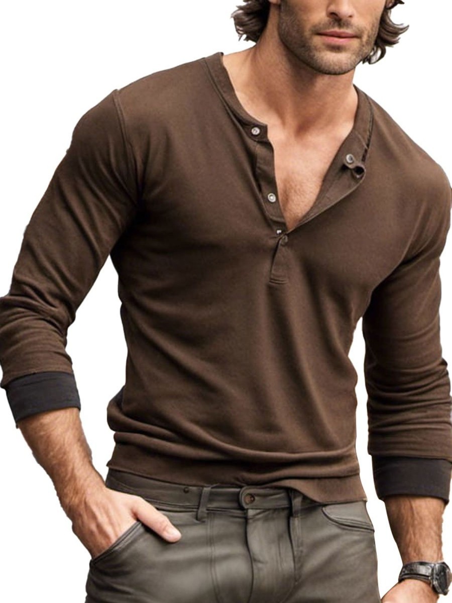 Men BXL Casual Shirts | Men'S Solid Color Cotton Half Open Collar Casual Long Sleeve T-Shirt Brown