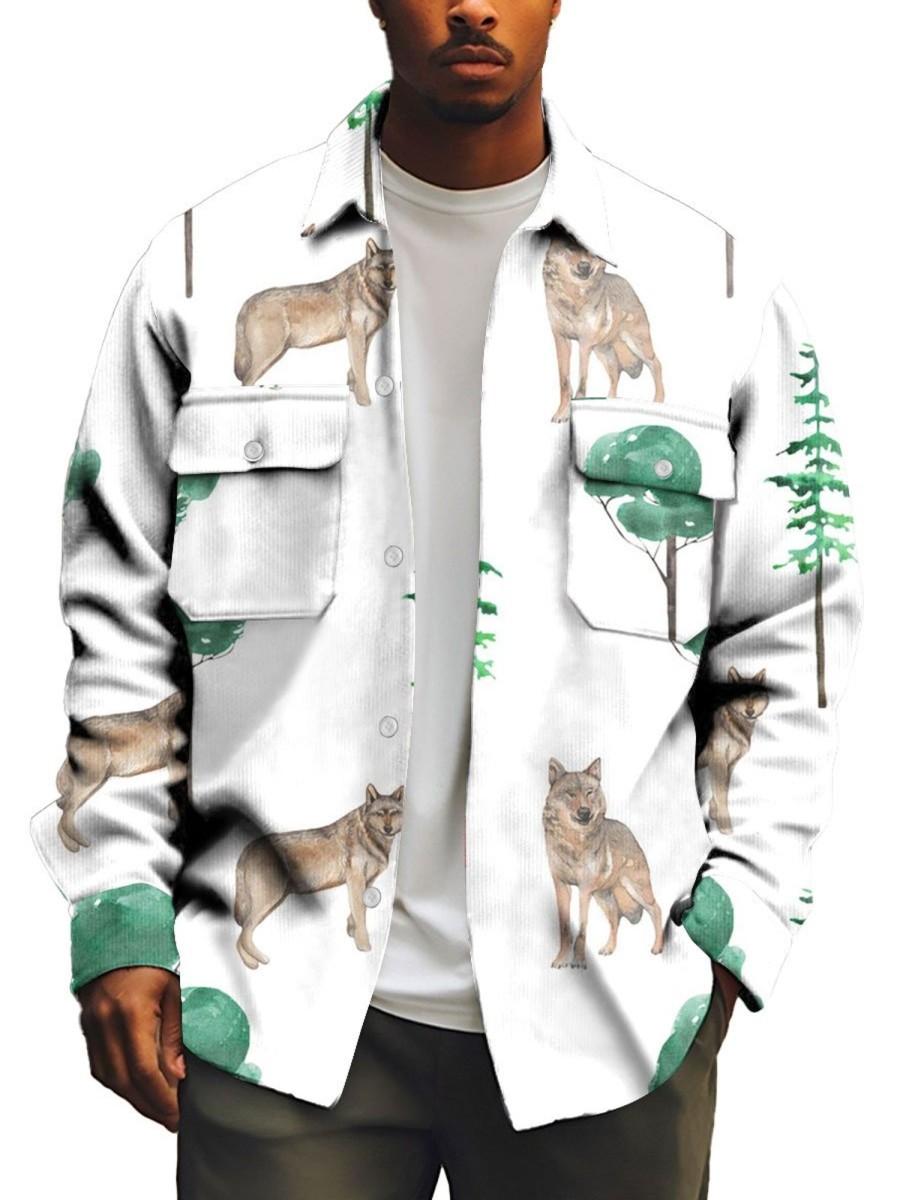 Men TH Print Jacket | Men'S Vintage Animal Print Shirt Jacket White