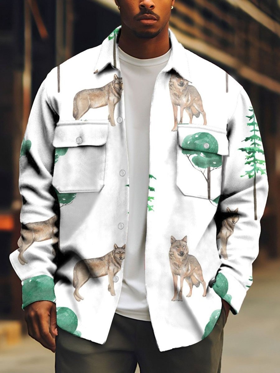 Men TH Print Jacket | Men'S Vintage Animal Print Shirt Jacket White