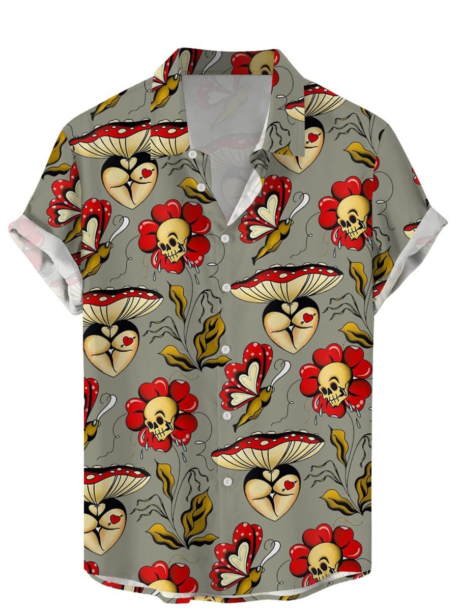 Men LJC Shirts | Sexy Mushroom Skull Print Casual Short Sleeve Shirt Photo Color