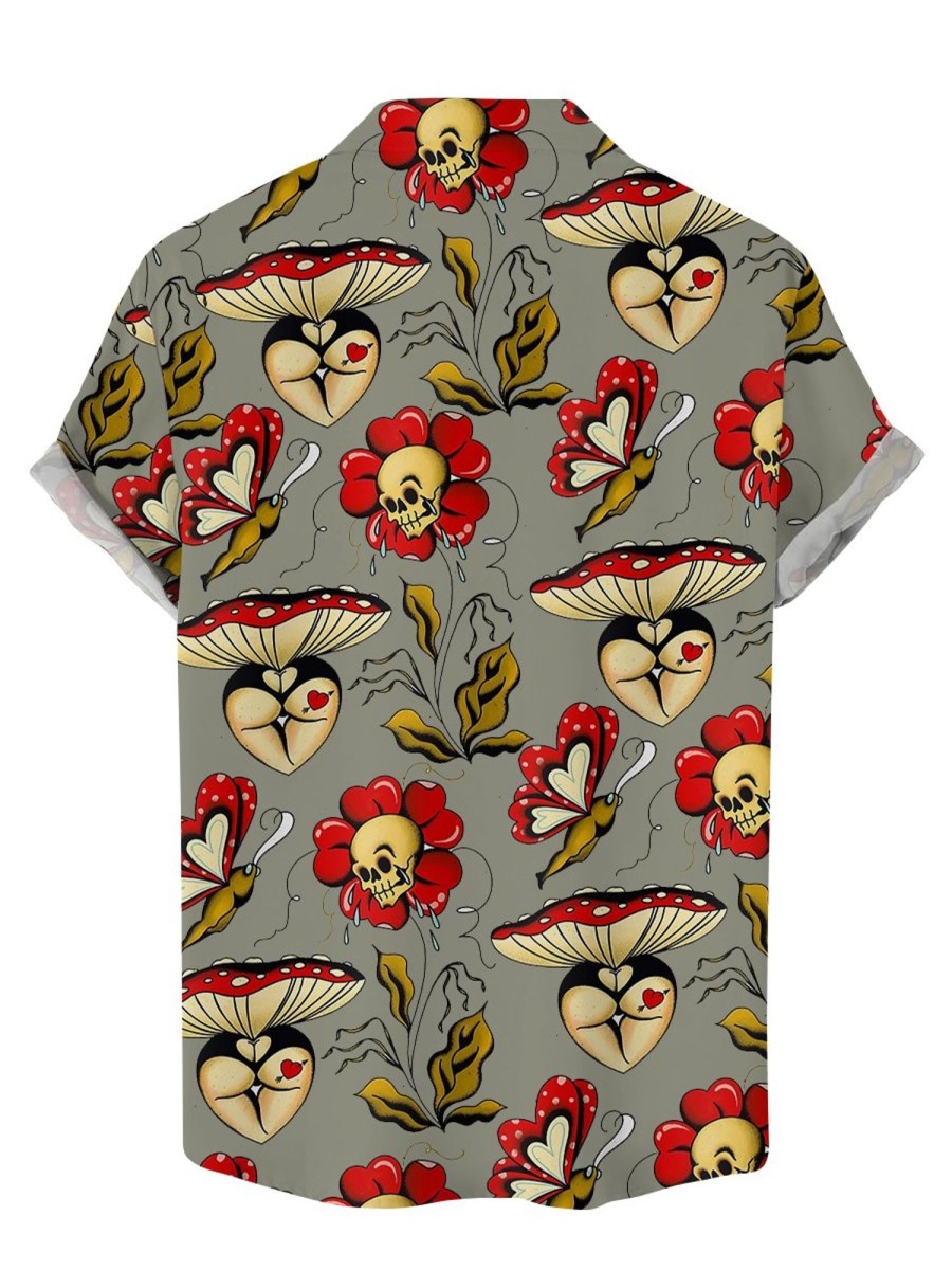 Men LJC Shirts | Sexy Mushroom Skull Print Casual Short Sleeve Shirt Photo Color