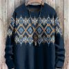 Men DJ Print Sweater | Retro Ethnic Geometric Print Crew Neck Pullover Sweater Navy