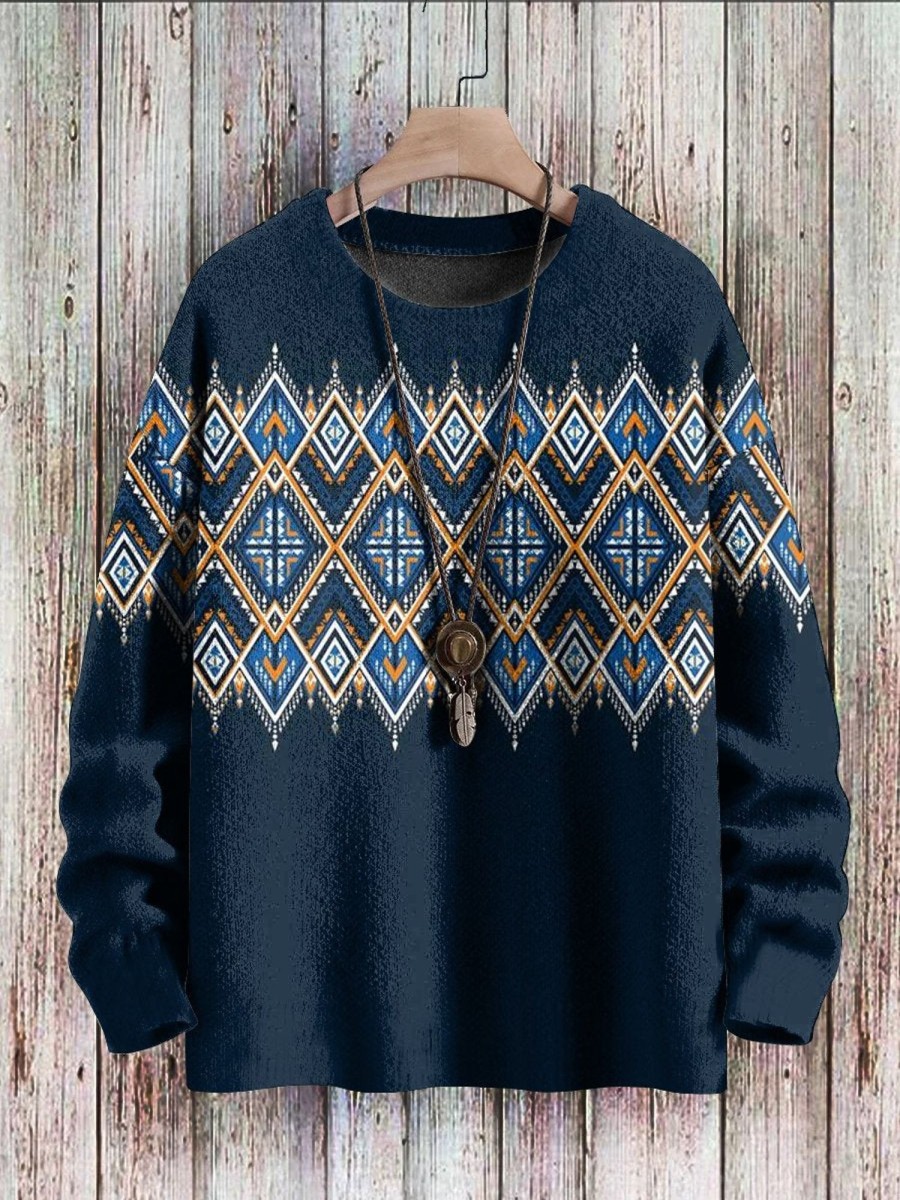 Men DJ Print Sweater | Retro Ethnic Geometric Print Crew Neck Pullover Sweater Navy