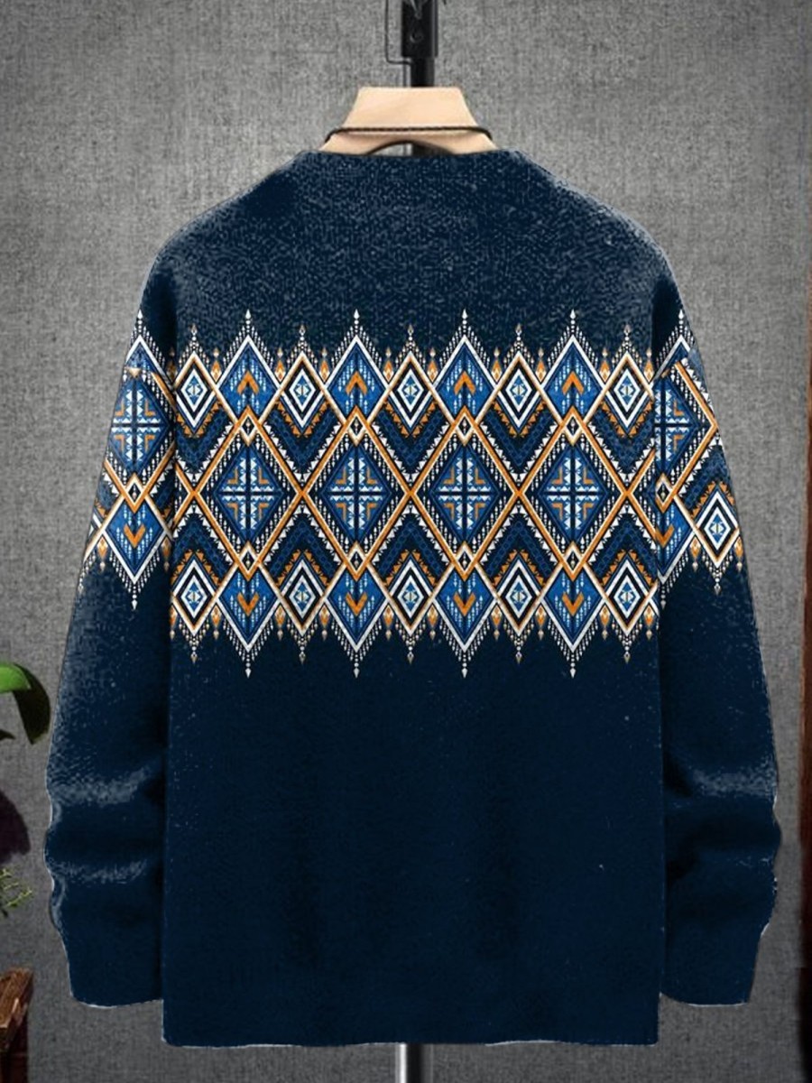 Men DJ Print Sweater | Retro Ethnic Geometric Print Crew Neck Pullover Sweater Navy