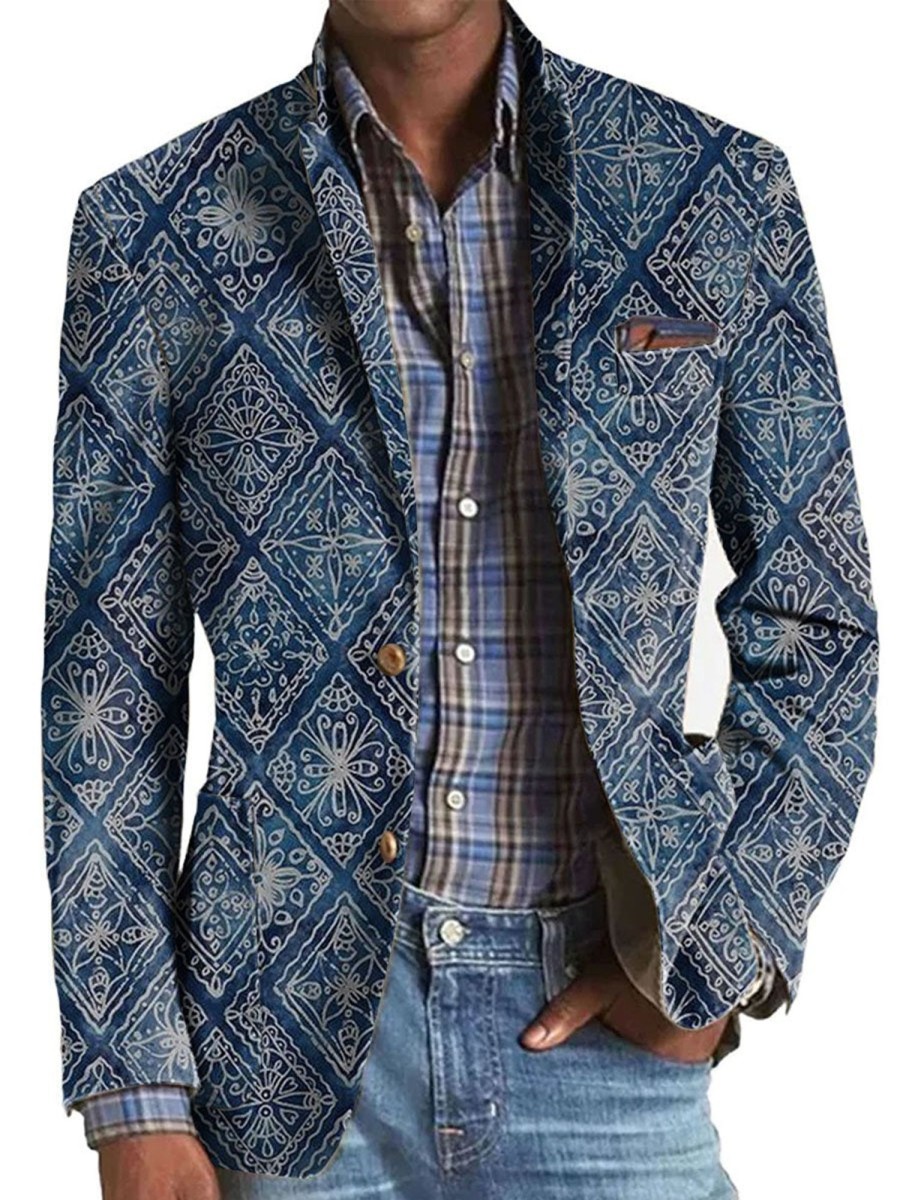 Men DJ Print Jacket | American Retro Ethnic Style Printed 3-Pocket Blazer Navy