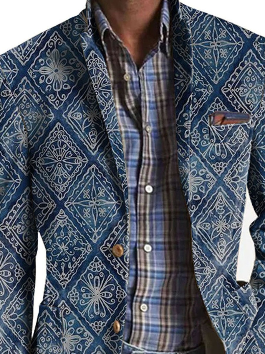 Men DJ Print Jacket | American Retro Ethnic Style Printed 3-Pocket Blazer Navy