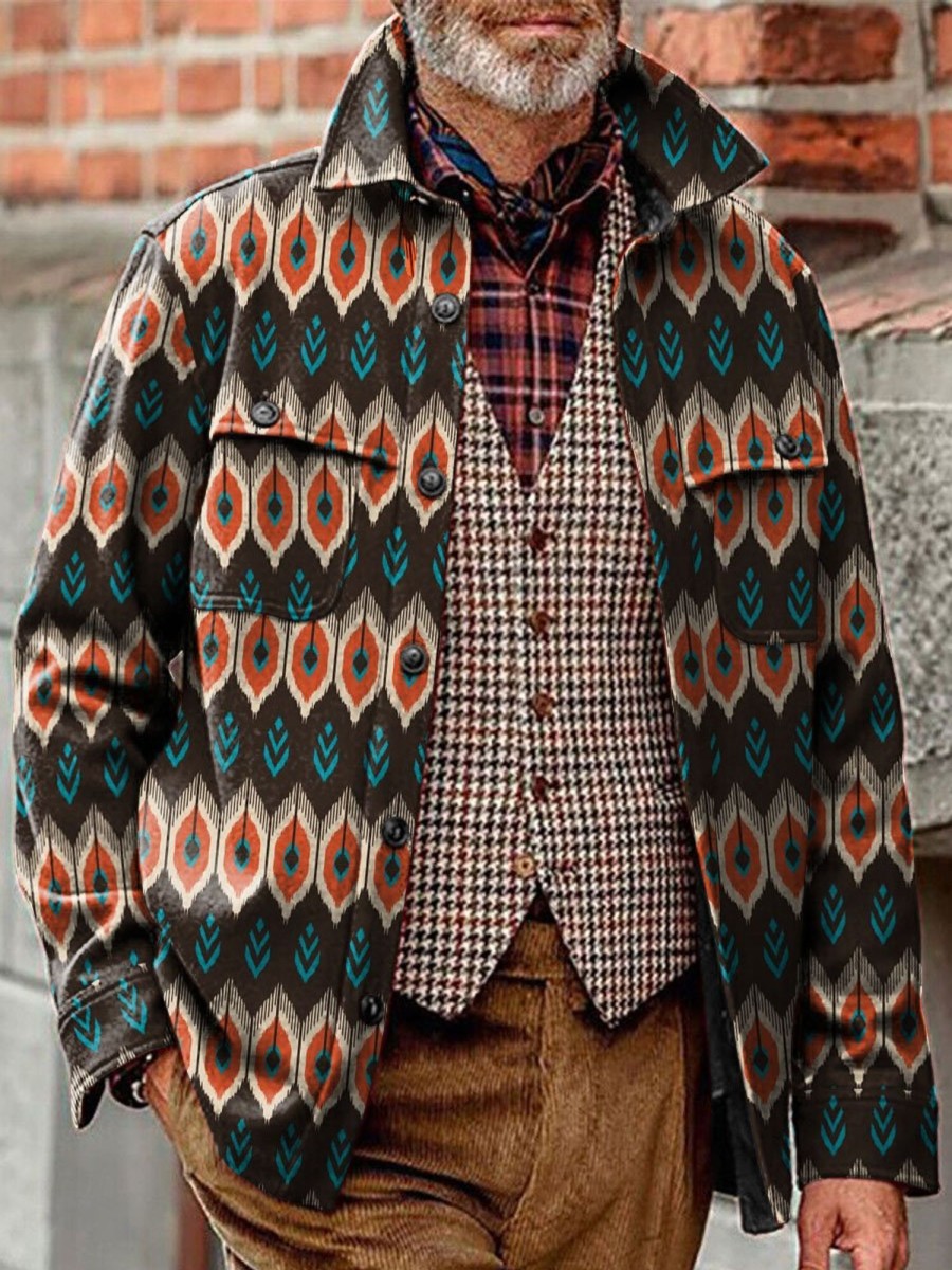 Men DJ Print Jacket | Vintage Geometric Print Pocket Lapel Corduroy Jacket Photo Color