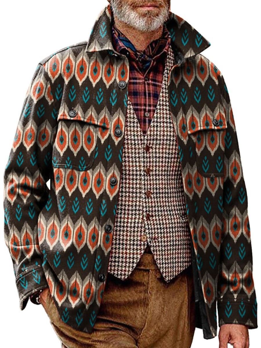 Men DJ Print Jacket | Vintage Geometric Print Pocket Lapel Corduroy Jacket Photo Color