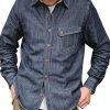 Men BXL Casual Shirts | Men'S Retro Contrast Thread Decorated Pocket Casual Denim Long Sleeve Shirt Dark Blue