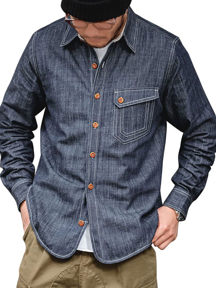 Men BXL Casual Shirts | Men'S Retro Contrast Thread Decorated Pocket Casual Denim Long Sleeve Shirt Dark Blue