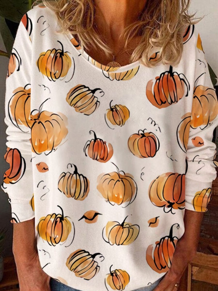 Women DJ | Crew Neck Halloween Watercolor Pumpkin Print Long Sleeve T-Shirt Orange