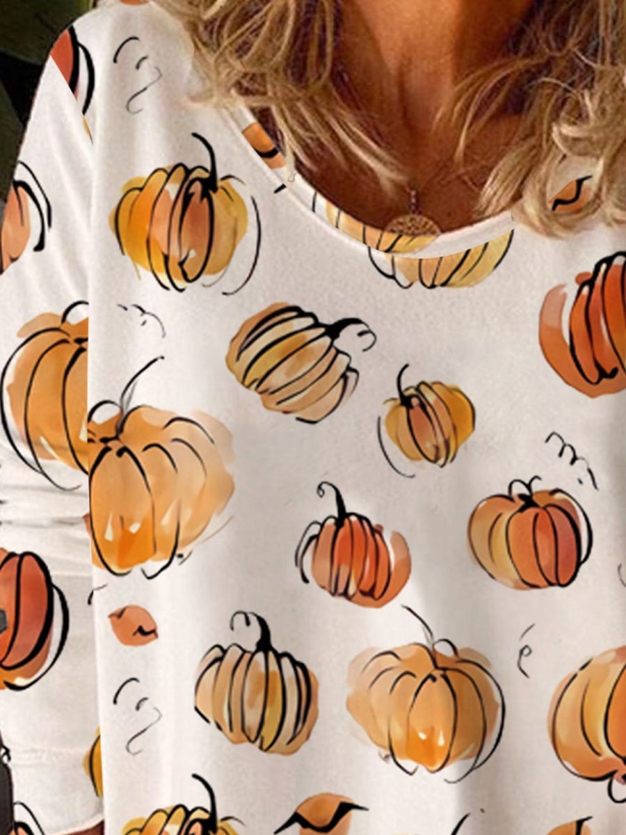 Women DJ | Crew Neck Halloween Watercolor Pumpkin Print Long Sleeve T-Shirt Orange