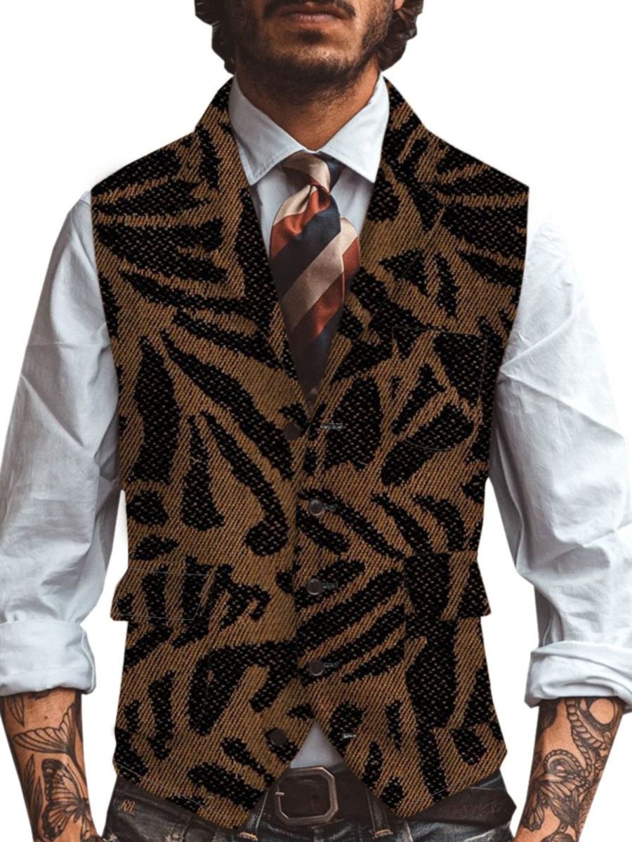 Men TH Vest | Retro Leaves Print Three-Pocket Lapel Casual Suit Vest Brown