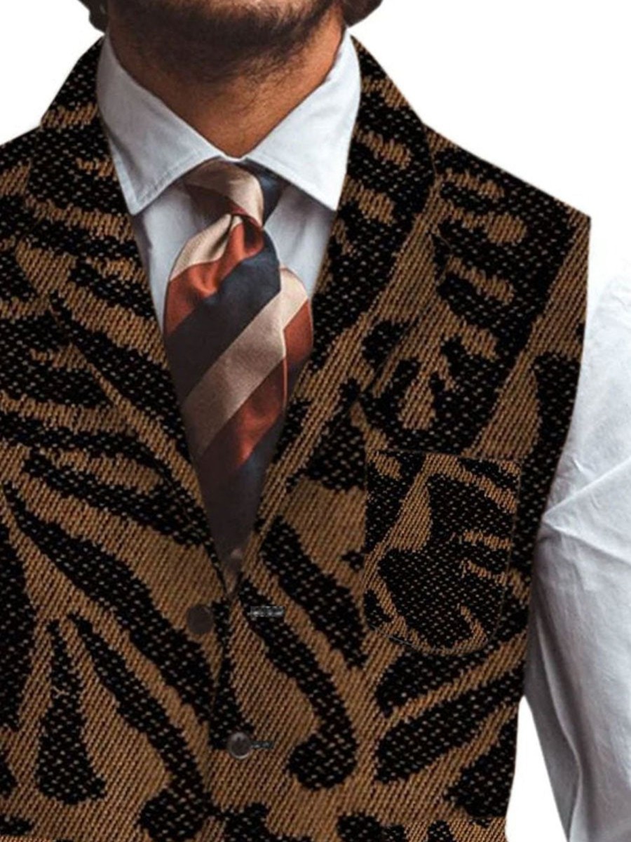 Men TH Vest | Retro Leaves Print Three-Pocket Lapel Casual Suit Vest Brown