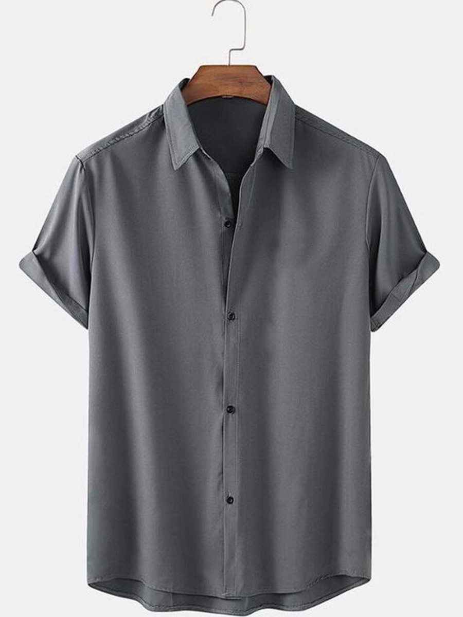 Men HLJ Shirts | Solid Color Basic Casual Short Sleeve Shirt Grey