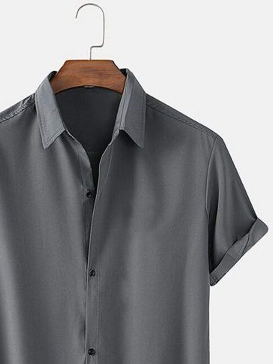 Men HLJ Shirts | Solid Color Basic Casual Short Sleeve Shirt Grey