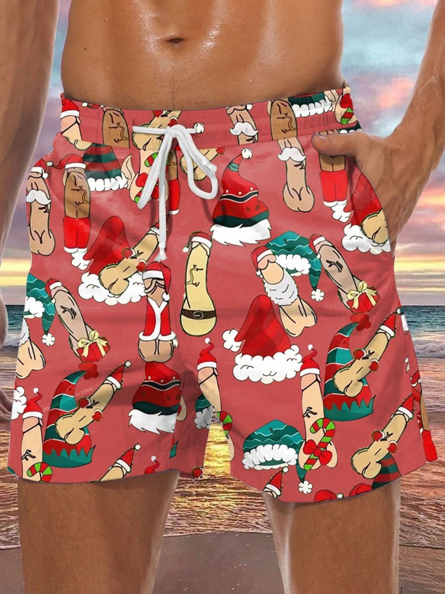 Men DJ Bottoms | Cartoon Christmas Cocks Toy Printed Casual Lace-Up Shorts Red