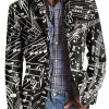 Men DJ Print Jacket | And White Music Score Printed Three-Pocket Lapel Casual Blazer Black