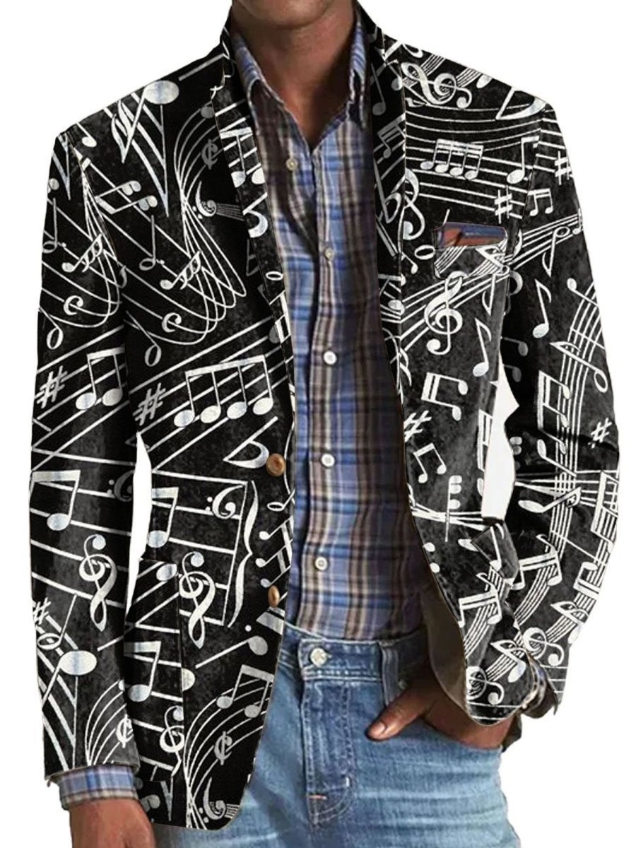 Men DJ Print Jacket | And White Music Score Printed Three-Pocket Lapel Casual Blazer Black