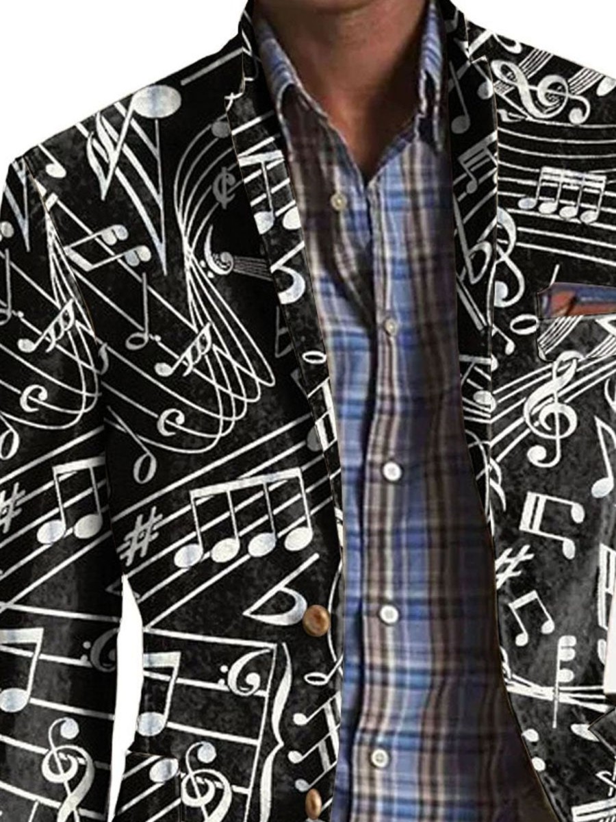 Men DJ Print Jacket | And White Music Score Printed Three-Pocket Lapel Casual Blazer Black