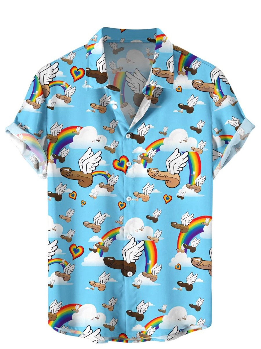 Men HWT Shirts | Men'S Hawaiian Shirts Pride Flying Rainbow Cock Print Aloha Shirts Blue