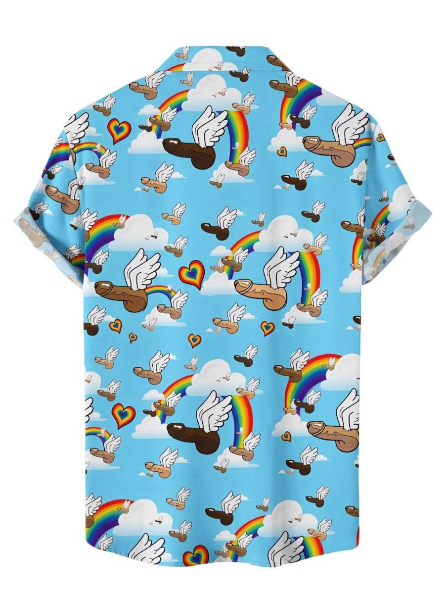 Men HWT Shirts | Men'S Hawaiian Shirts Pride Flying Rainbow Cock Print Aloha Shirts Blue