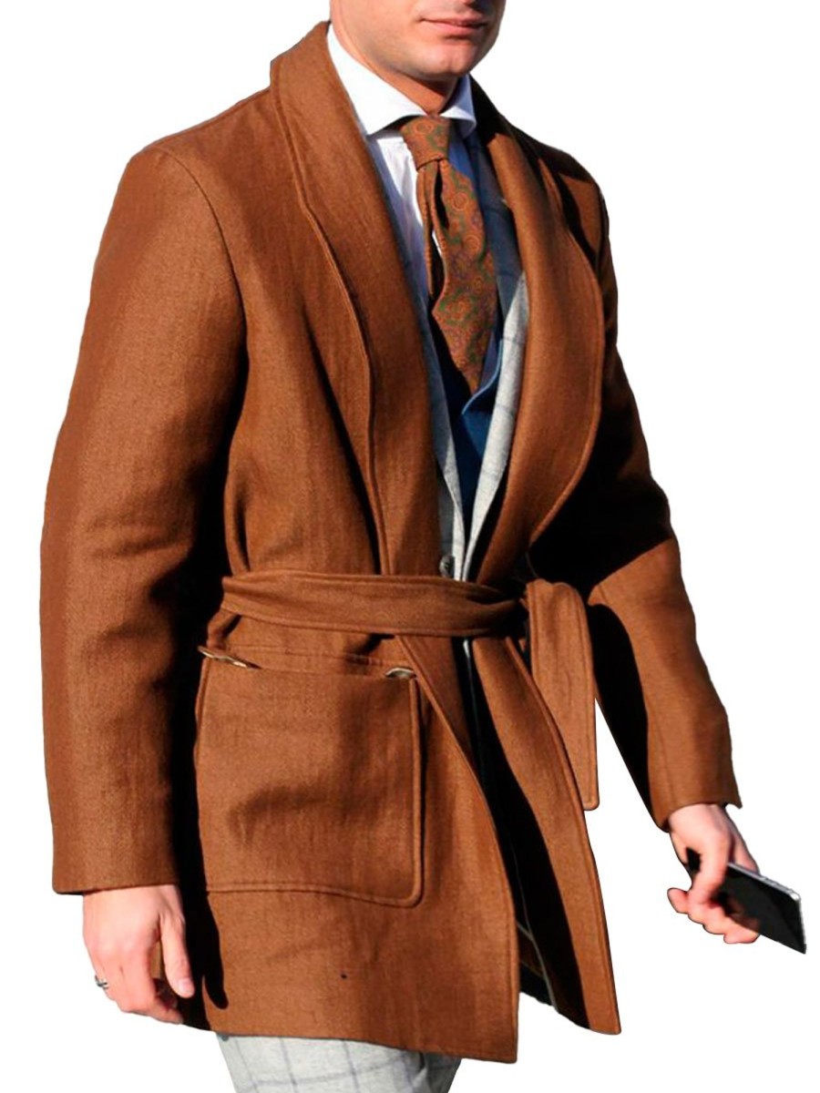 Men BXL Jacket | Retro Solid Color Wool Lace-Up Casual Lapel Cardigan Coat Caramel Colour