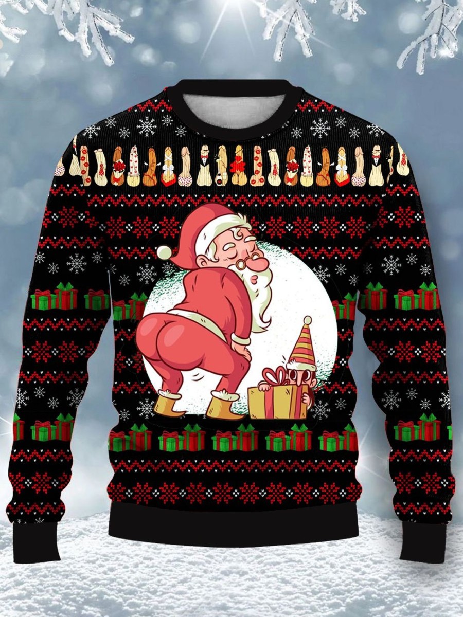 Men DJ Ugly Sweater | Fun Santa And Cocks Printed Casual Crew Neck Sweatshirt Photo Color