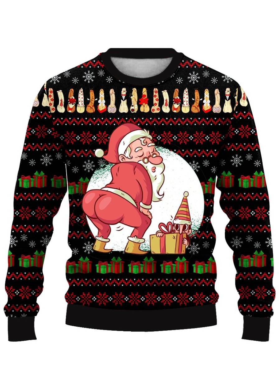 Men DJ Ugly Sweater | Fun Santa And Cocks Printed Casual Crew Neck Sweatshirt Photo Color