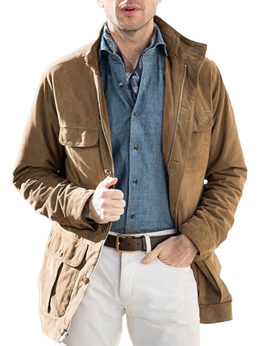 Men BXL Jacket | Retro Solid Color Stand Collar Multi-Pocket Cotton Zipper Jacket Khaki