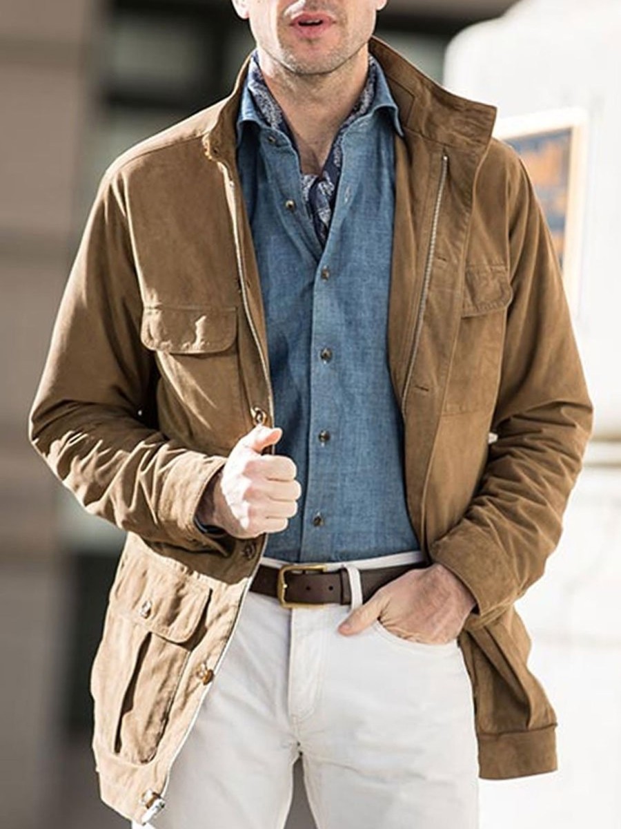 Men BXL Jacket | Retro Solid Color Stand Collar Multi-Pocket Cotton Zipper Jacket Khaki