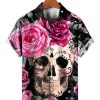 Men HLJ Shirts | Mexican Flower Skull Print Casual Short Sleeve Shirt Black