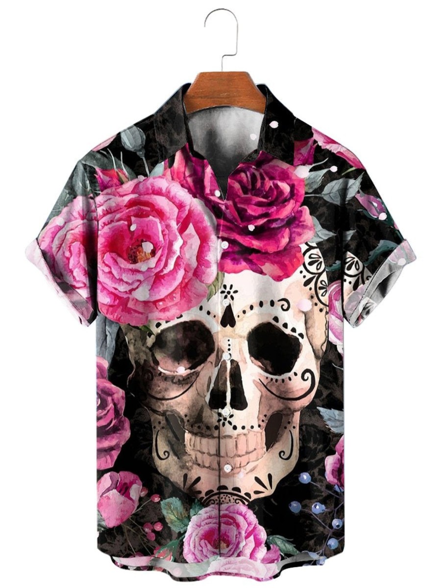 Men HLJ Shirts | Mexican Flower Skull Print Casual Short Sleeve Shirt Black