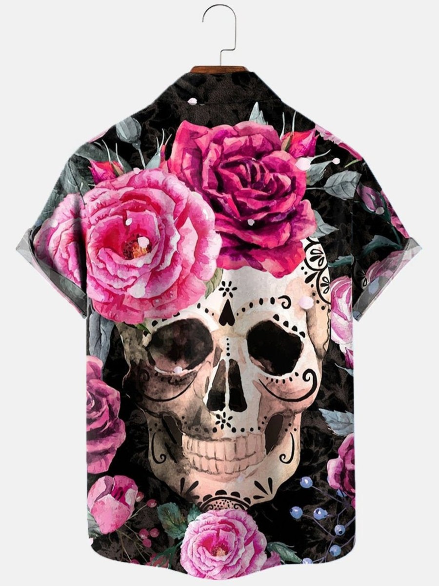 Men HLJ Shirts | Mexican Flower Skull Print Casual Short Sleeve Shirt Black