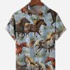 Men DJ Shirts | Western Horse Chest Pocket Short Sleeve Casual Shirt Blue