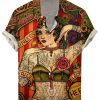 Men DJ Shirts | Retro Tattoo Girl Print Casual Short Sleeve Shirt Brown