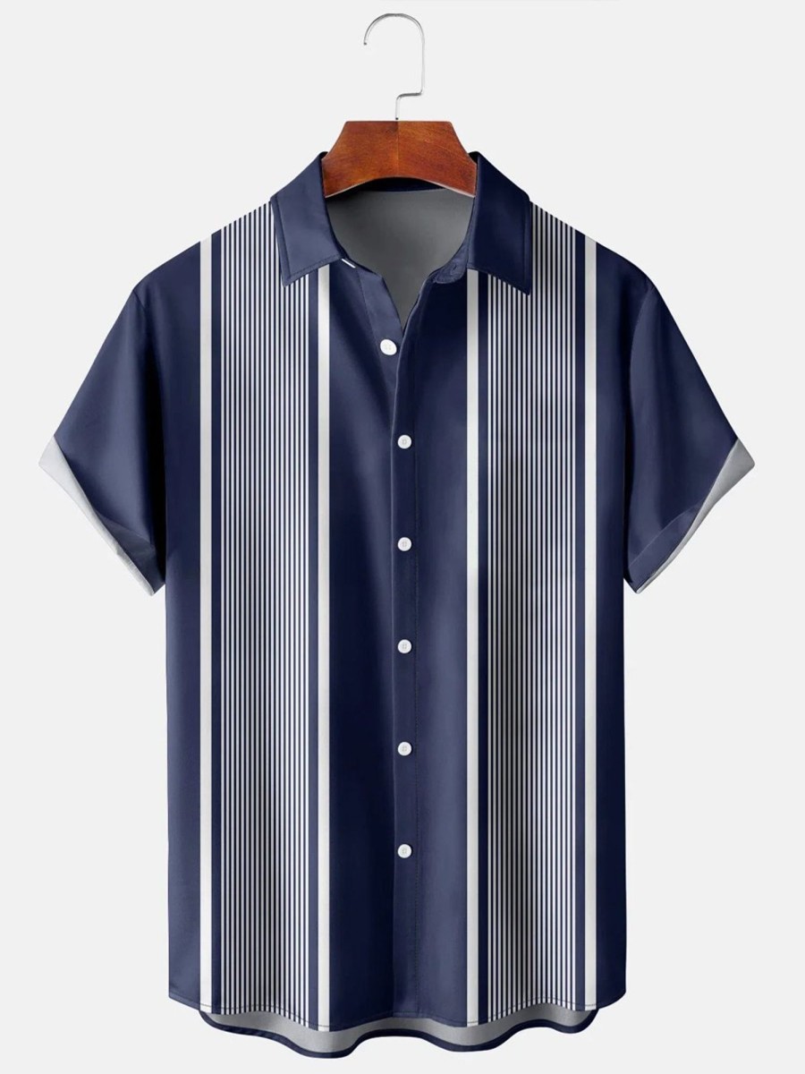 Men HLJ Shirts | Men'S Basic Striped Contrast Short Sleeve Shirt Royal Blue