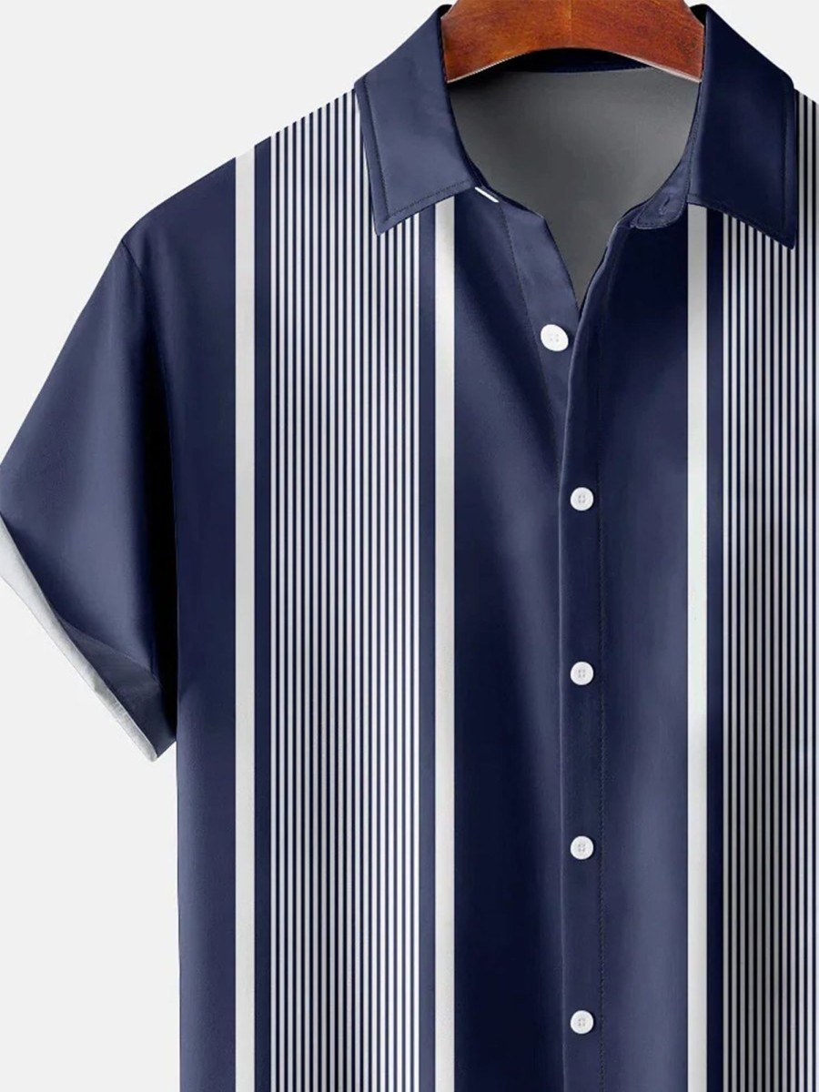 Men HLJ Shirts | Men'S Basic Striped Contrast Short Sleeve Shirt Royal Blue